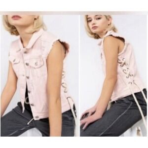 Pol Women's Cream Distressed Denim Rope Lace-Up Sides Jean Vest Size Medium